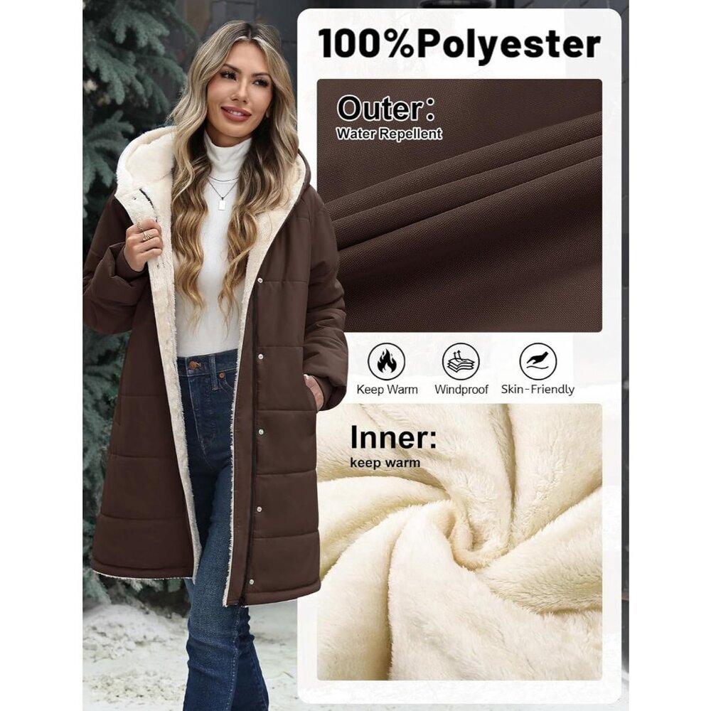 Women's Long Coffee Hooded Puffer Down Jacket Coat Fleece Warm Fashion Outerwear - Picture 4 of 9